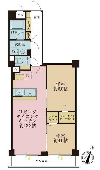 2LDK、専有面積53.53平米、バルコニー面積5.4平米