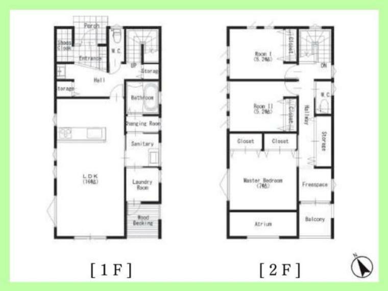間取り図 3SLDK。土地143.21平米（約43.32坪）建物106.01平米（約32.06坪）。収納豊富な全室収納付き。16帖のLDKは、ご家族が自然と集まる空間です。