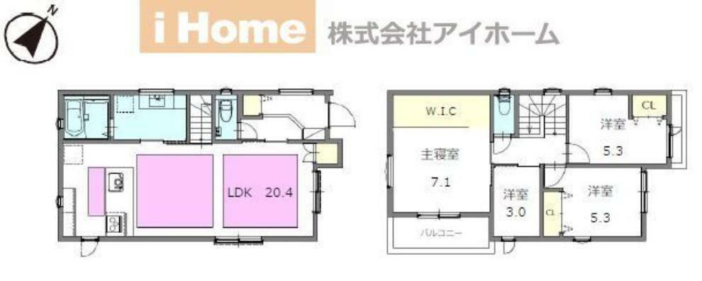 間取り図 カ-スペース2台有り、全居室洋室の4LDK。