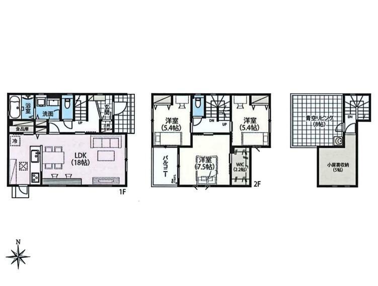 間取り図 3LDK＋土間収納＋食品庫＋固定階段付小屋裏収納＋青空リビング