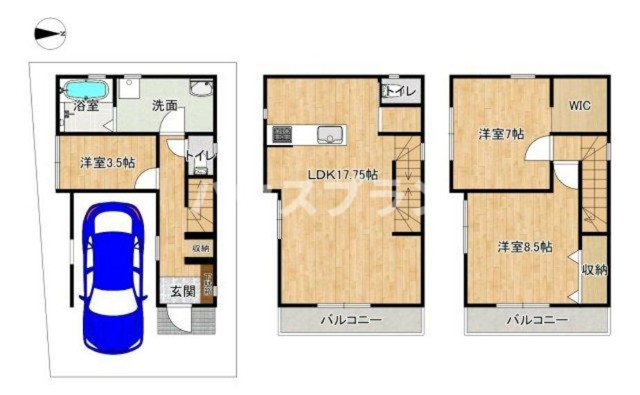 一階の洗面室が広く、室内で乾燥やバスタオル等の収納も充分可能です！ 三階居室の収納も余裕の広さで7帖・8.5帖とゆとりのある空間となっています。 木造三階建て、駐車可能スペース1台