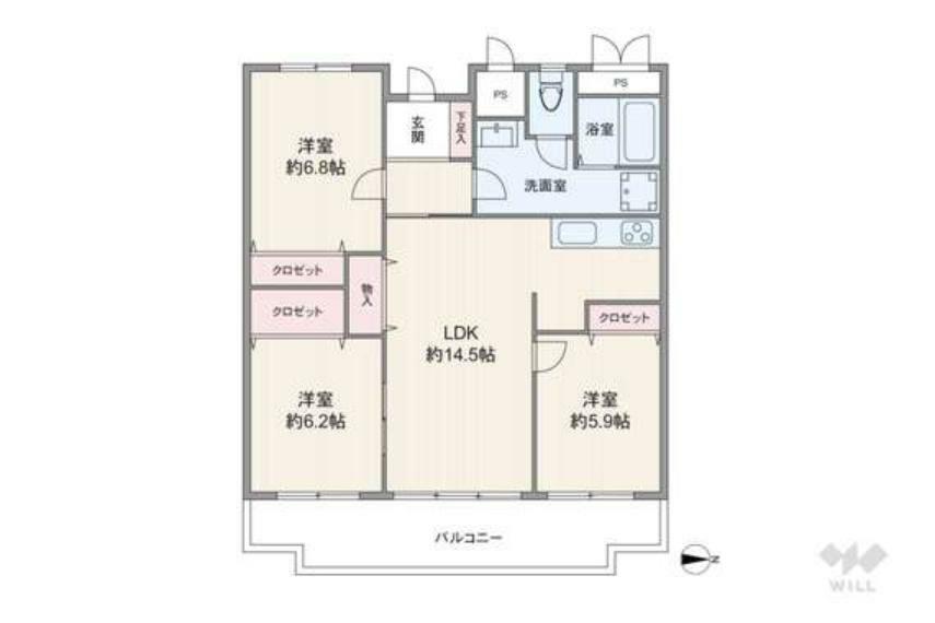 間取りは専有面積76.35平米の3LDK。LDKと洋室2部屋がバルコニーに面したワイドスパンのプラン。室内廊下が短く居住スペースを広く確保しています。バルコニー面積は11.1平米です。