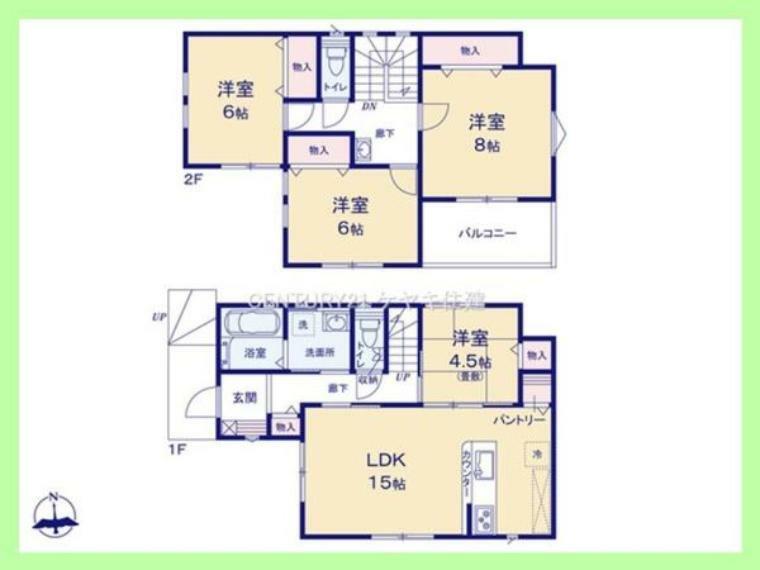 間取り図 4LDK。土地103.95平米（約31.44坪）建物99.77平米（約30.18坪）。収納豊富な全室収納付き。15帖のLDKは、ご家族が自然と集まる空間です。
