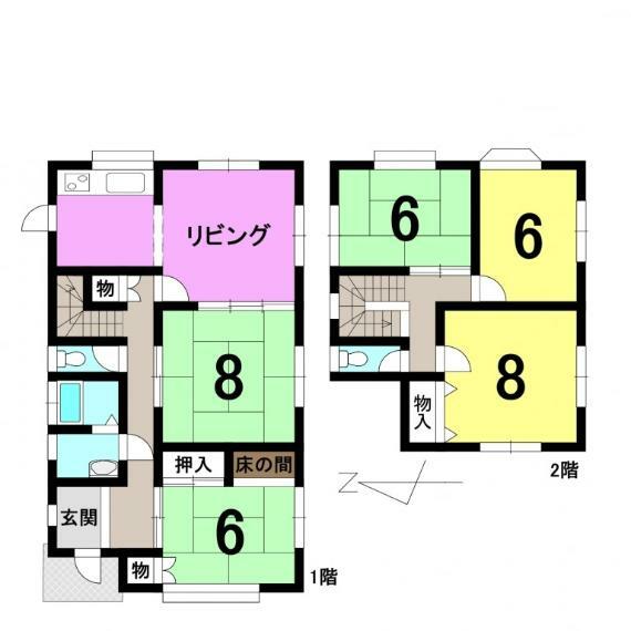 間取り図 ■5LDK ■建物面積延:110.96平米（33.56坪）、1階:67.90平米、2階:43.06平米