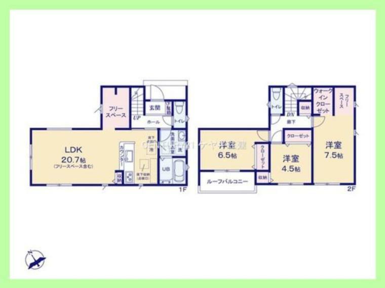 間取り図 3LDK。土地163.02平米（約49.31坪）建物100.19平米（約30.3坪）。収納豊富な全室収納付き。フリースぺースを含む20.7帖のLDKは、ご家族が自然と集まる空間です。