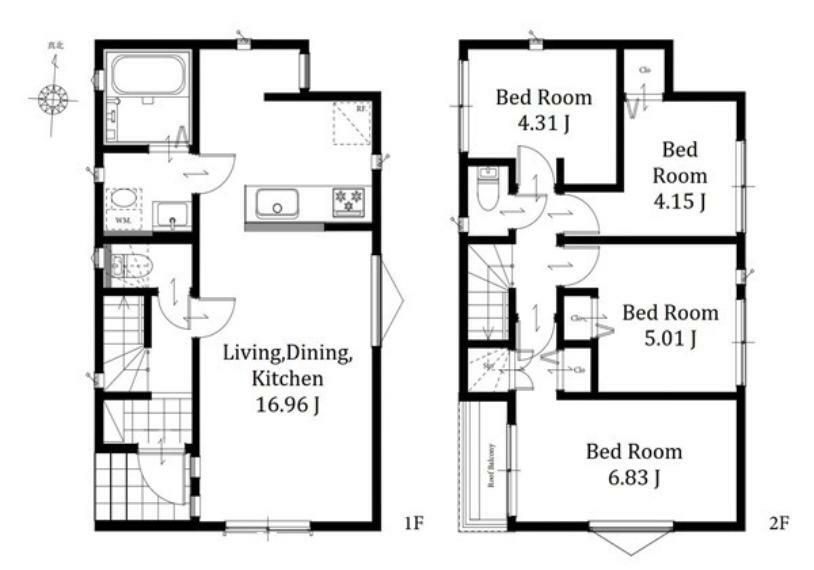 間取り図 1号棟: ご家族の集まるLDKは対面式キッチンを採用水回りも1階にまとめ暮らしやすい生活動線を意識した設計日々の疲れを癒す浴室は1坪サイズでゆったりとお寛ぎいただけます