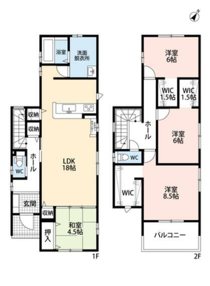 間取り図 LDKと和室を合わせると22帖以上の大空間となります。2階洋室も全て6帖以上でゆったり快適に過ごせます。バルコニーは南東向きで陽当たり良好。