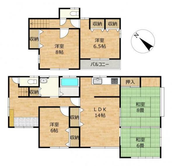間取り図 【間取図】5LDKの木造2階建てのお家です。収納スペースが多くあるので部屋を広く使える間取りになっています。