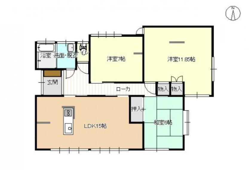 間取り図 【間取り図】間取りは3LDKです。約15帖のLDKは対面キッチンです。全部屋6帖以上です。