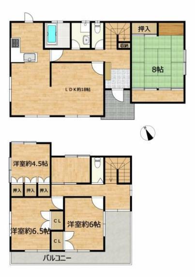 【間取り図】1階に和室と広々18帖のLDKがある4LDKの間取りの内です。1階は収納つきのお部屋が3部屋あります。ファミリー世帯の皆様もご夫婦様にも使いやすい間取りです。