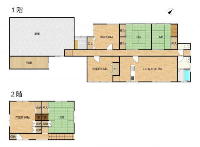 間取り図 【RF後/間取り図】1階に約18.5帖のLDKと4部屋、2階に2部屋の6LDKの住宅にRFいたします。車庫付きの住宅で並列3台駐車可能な点も魅力的です。