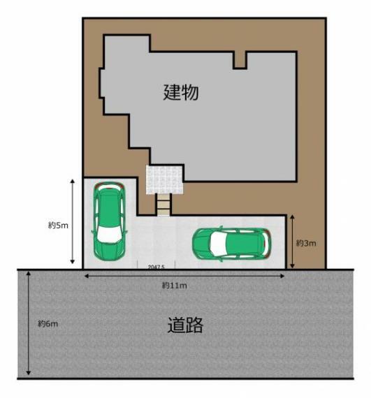 区画図 【リフォーム前】区画図。駐車場増設工事を行います。駐車スペースは縦列1台と横づけ1台の計2台になります。車の駐車スペースが分かれているので車の出し入れ楽ちんです。