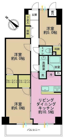 間取り図 3LDK、専有面積65.13m2、バルコニー面積7.08m2