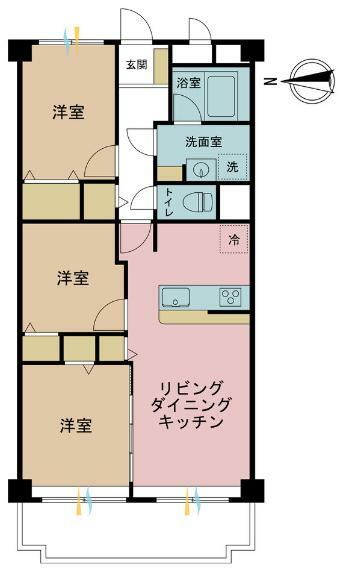 間取り図 3LDK、専有面積61.6m2、バルコニー面積8.1m2