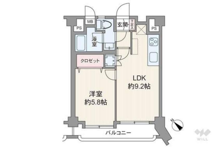 間取り図 間取りは専有面積36.51平米の1LDK。室内廊下が短く居住スペースを広く確保したプラン。洗濯置き場は洗面室とは別でキッチン付近に設けられています。トイレに窓があり換気がしやすいのもポイント。バルコニー面積は4.43平米で、LDKと洋室から出入り出来ます。
