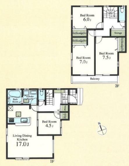 間取り図 2階居室は6帖以上のゆとりある間取り。2居室から出入り可能な南向きバルコニー！収納スペースが豊富なお住まい！