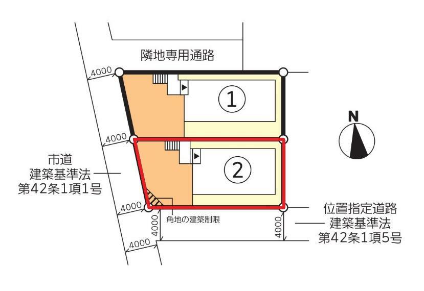 区画図 【2号棟区画図】土地面積141.47平米（42.79坪）・駐車2台可能（車種によります）