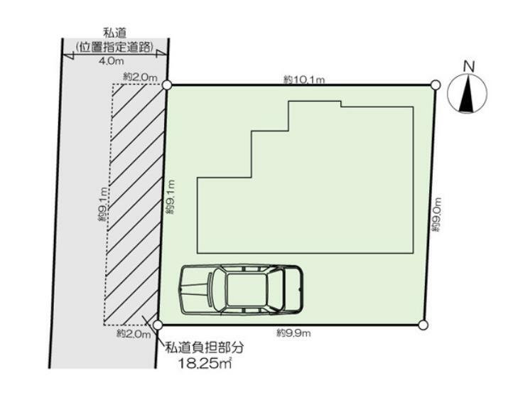 土地面積:109.59m2（公簿）。左記面積に私道負担面積:18.25m2を含むため、有効宅地面積は