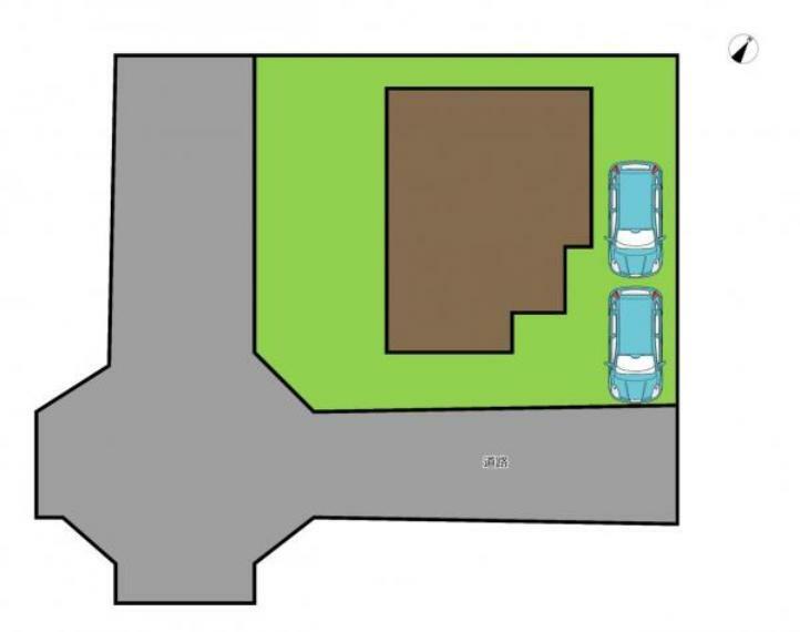 区画図 【区画図】南東角地にございます住宅ですので日当たりがよく嬉しいですね。駐車場は縦列で2台お停め可能です。この辺りはお車での生活が多いため2台駐車は嬉しいポイントです。