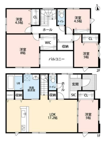 間取り図 洋室5部屋のゆとりある間取り。WIC・SIC・パントリー・リビング収納・廊下収納など収納が豊富です。リビングと隣接する洋室と一体利用すると22帖以上の空間です＾＾