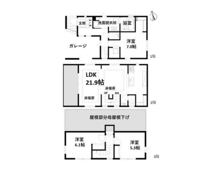 間取り図 LDKは広々21.9帖！床暖房有です彡収納充実！ビルトインガレージ付です