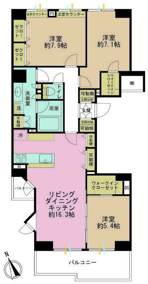 間取り図 3LDK、専有面積91.26m2、バルコニー面積22.31m2