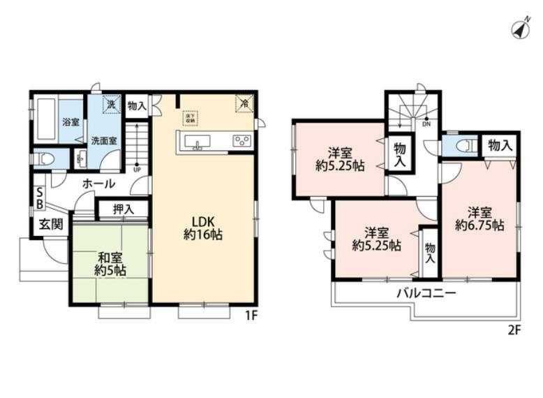 間取り図 和室含む4LDK。リビングに隣接する和室は玄関ホールからも出入りのできる2WAY仕様＾＾ 2階は3洋室、バルコニーは南東向き＾＾