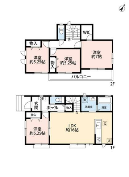 間取り図 オールフローリング4LDK。1階はLDKと洋室を合わせると21帖以上の広々空間＾＾ リビング階段採用でご家族団らんの間取り＾＾