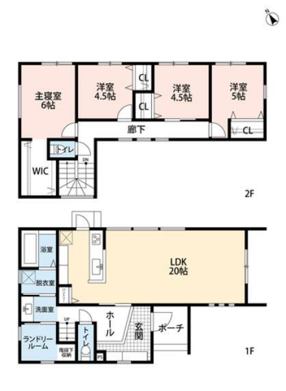 間取り図 LDKは広々20帖の大空間＾＾家具の配置も様々なパターンが考えられますよ。WICやパントリーなど収納も豊富＾＾ランドリールームには収納も完備。