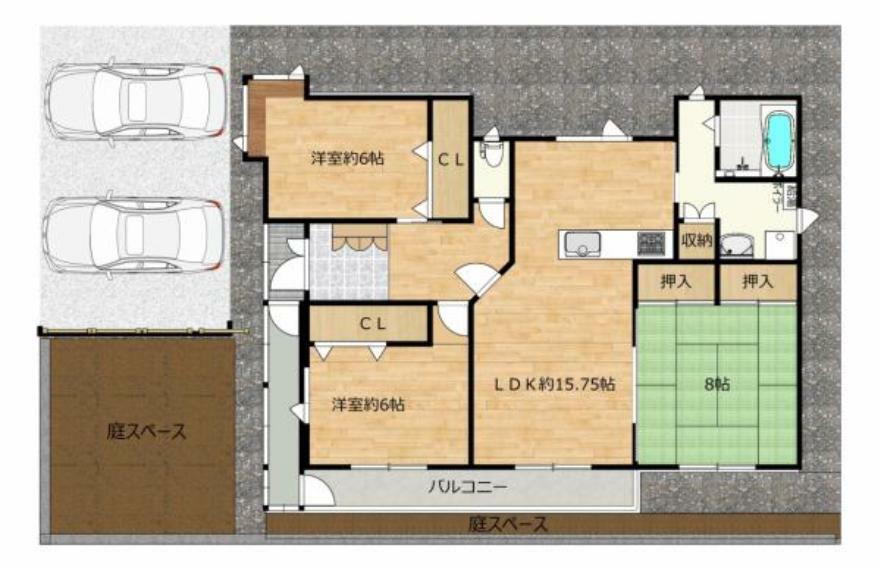 間取り図 【リフォーム中】3LDKの平家住宅です。各居室6帖以上。リビング隣の6帖和室を洋室に変更し、壁を造作。キッチンは対面キッチンに変更します。収納もある間取になります。