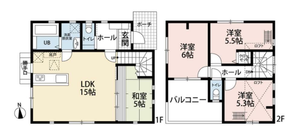 間取り図 ロフトが2部屋についた4LDK。1階に和室もあり、全居室2面採光＾＾バルコニーは南向きです。勝手口やリビング階段も生活が便利になるポイントです。
