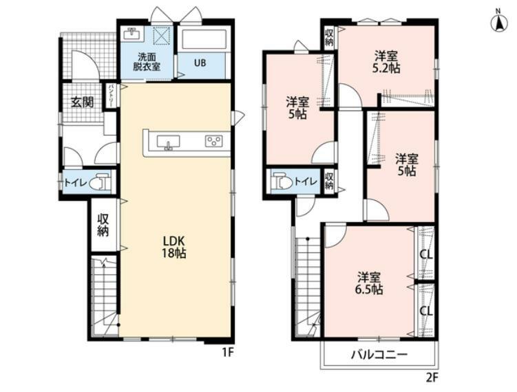 間取り図 1階は広々18帖のLDK。リビング階段採用でご家族団らんの間取り＾＾ 各居室だけでなく、リビング、キッチンにも収納あり＾＾