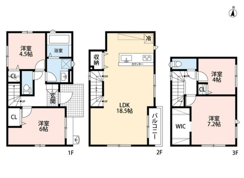間取り図 3階建、オールフローリングの4LDK。 1階・3階に2居室ずつ、2階は広々18.5帖のLDK。