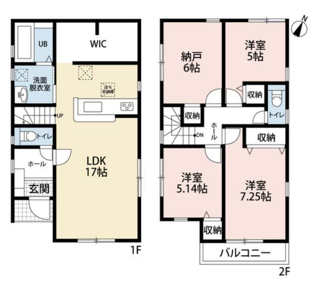 間取り図 オールフローリング3LDK。2階納戸は6帖の広さがあり居室としても＾＾1階キッチン後方には大容量WIC付き＾＾