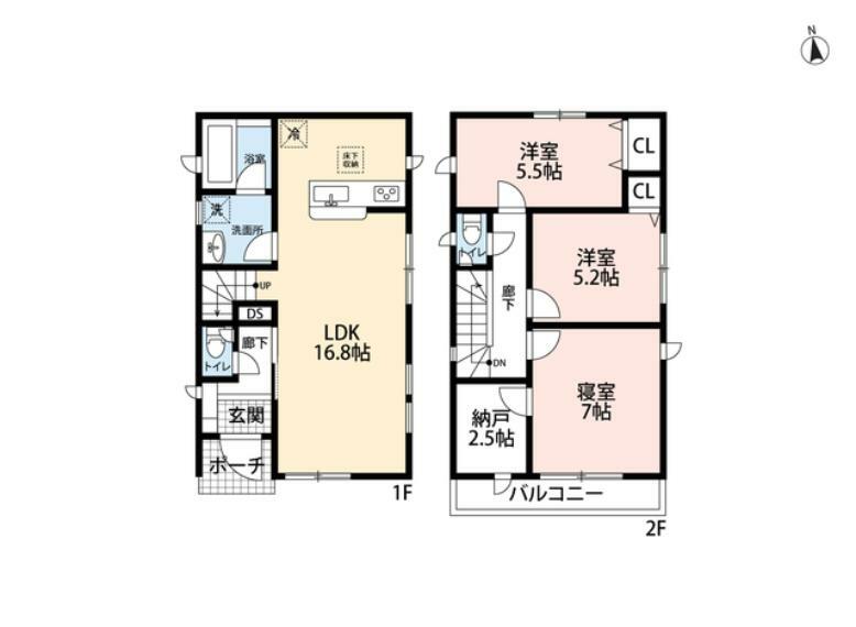 間取り図 オールフローリング3LDK。リビング階段採用でご家族団らんの間取り＾＾寝室は約7帖、2.5帖の納戸付き＾＾