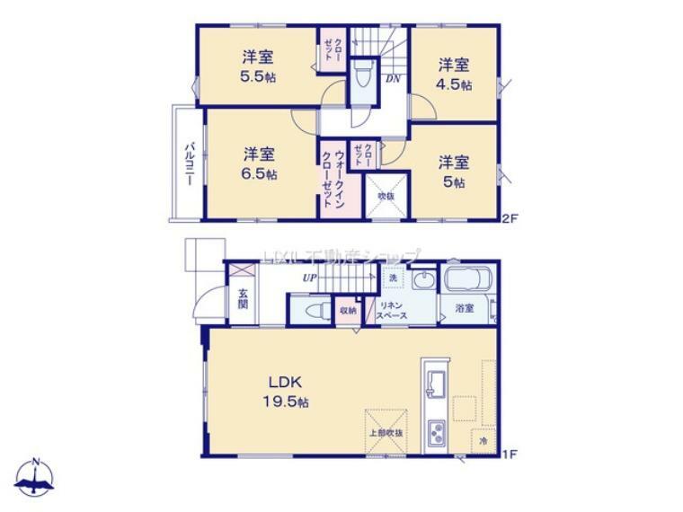 間取り図 1階は広いLDK19.5帖をご家族の共有スペースとして。 2階4部屋はそれぞれのお部屋。暮らし易さを考慮した間取りとなっています。