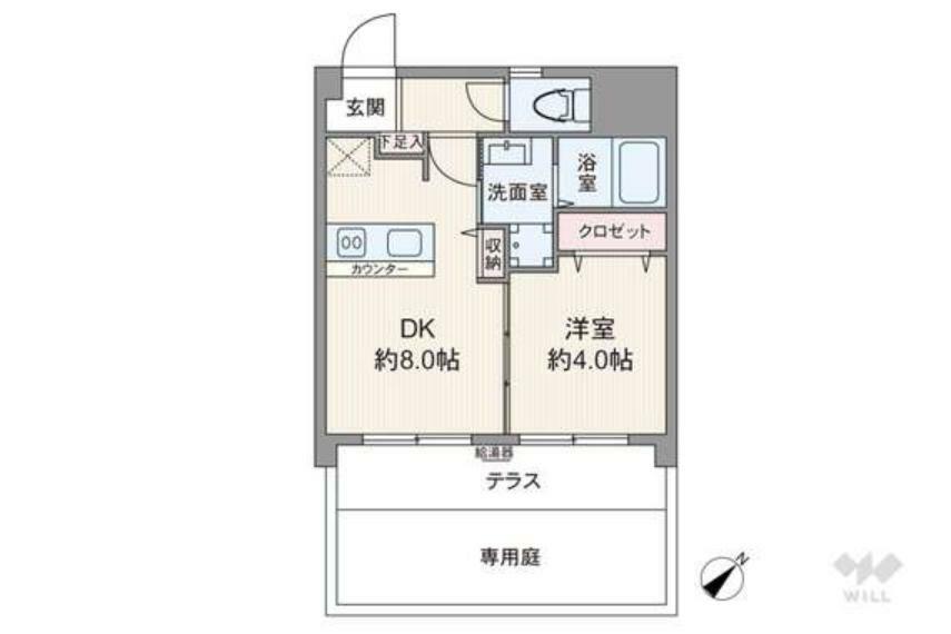 専有面積32.75平米の1DK。テラスと専用庭が付いたプラン。DKと洋室が続き間で間の引き戸を開放してビッグワンルームとしても使用出来ます。玄関先から室内を見通しにくくプライバシー性が高い間取り。