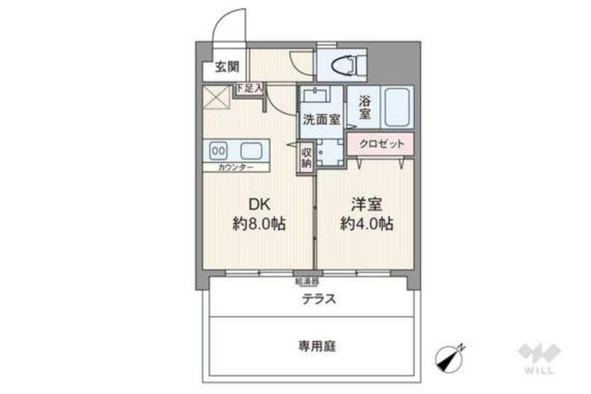 間取り図 専有面積32.75平米の1DK。テラスと専用庭が付いたプラン。DKと洋室が続き間で間の引き戸を開放してビッグワンルームとしても使用出来ます。玄関先から室内を見通しにくくプライバシー性が高い間取り。