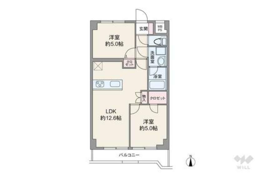 間取り図 間取りは専有面積50.05平米の2LDK。LDK約12.6帖のプラン。バルコニー面積は6.22平米です。