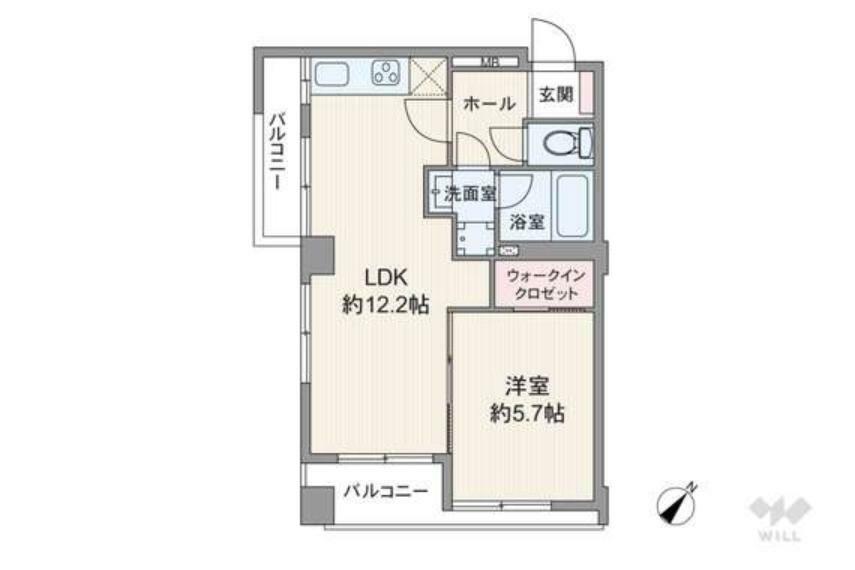 間取り図 間取りは専有面積41.56平米の1LDK。室内廊下が短く居住スペースを広く確保したプラン。