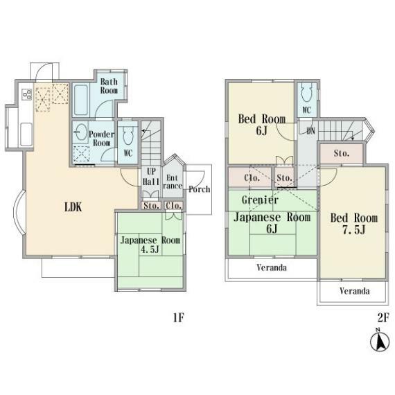 間取り図 2階建ての4LDK　屋根裏収納　床下収納　南向きのバルコニー2箇所　カースペース並列2台　新耐震基準　土地165.05平米付き