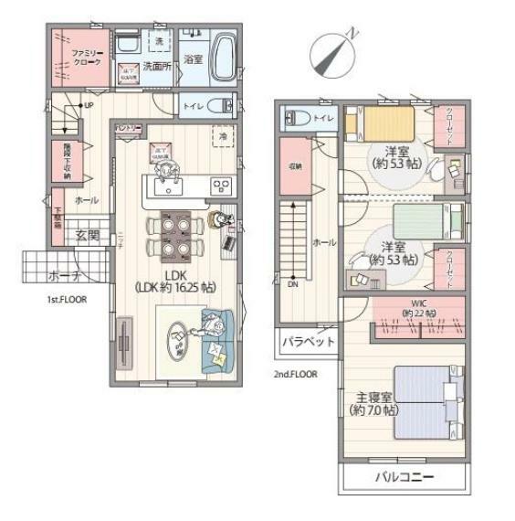 間取り図 間仕切り対応で3LDKにも。1階階段下収納や、大型ファミリークローク。2階主寝室にはWICと、収納スペースが充実したお住まい。