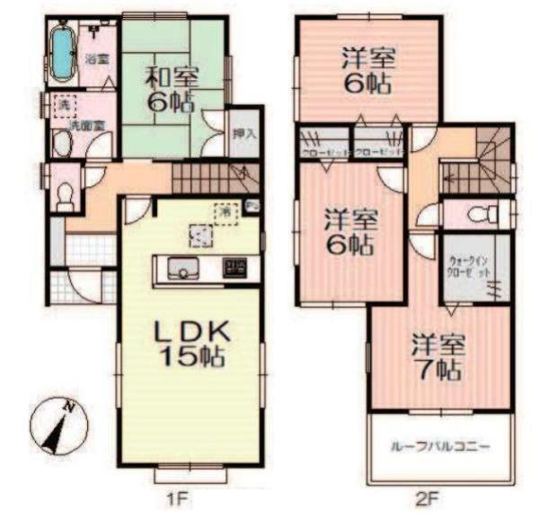 間取り図 全居室6帖以上ゆとりある間取り 2階に3部屋あり カースペース2台駐車可能