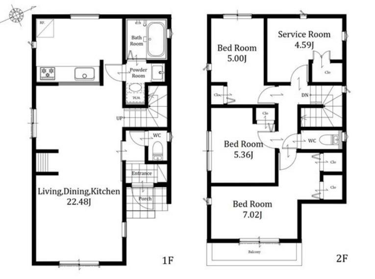 間取り図 2号棟: LDKは広々22.4畳で料理をしながら家族と会話を楽しめる対面式キッチン採用水回りも1階にまとめ暮らしやすい生活動線を意識した設計全居室収納付きで収納豊富な新邸です