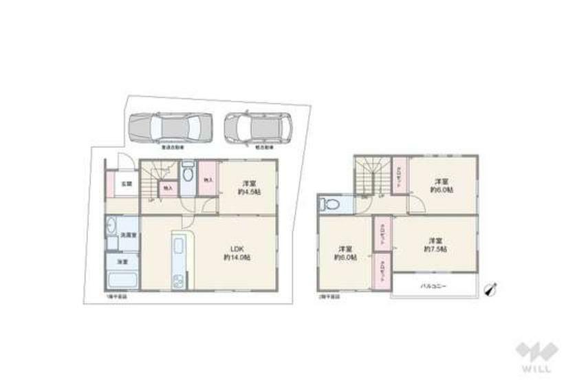 間取り図 間取りは延床面積93.96平米の4LDK。全居室洋室仕様のプラン。LDKと続き間の洋室は、子供部屋にすれば様子を見られて安心です。キッチンのすぐ後ろに洗面室と浴室があり家事動線良好。