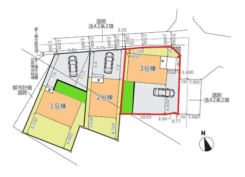 区画図 【3号棟区画図】土地面積187.46平米（56.70坪）・駐車2～3台可能（車種によります）