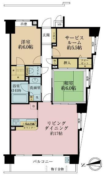 間取り図 2SLDK、専有面積75.36平米、バルコニー面積8.85平米