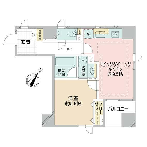 間取り図 1LDK、専有面積40.04m2、バルコニー面積3.81m2