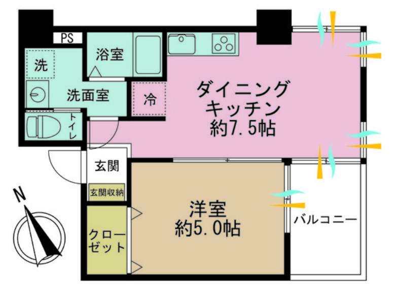 間取り図 1DK、専有面積34.77m2、バルコニー面積4.93m2