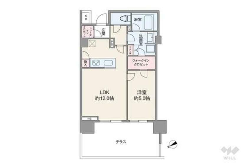 間取り図 間取りは専有面積43.37平米の1LDK。LDK約12帖の縦長リビングのプラン。テラス面積は14.09平米です。